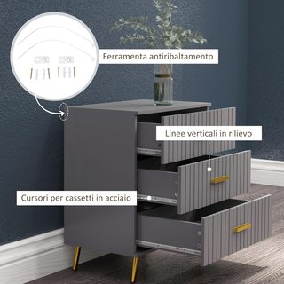 Cómoda Moderna de 3 Cajones y Antivuelco, Mueble de Cómoda de Madera y Aluminio, 60X40X71.5 Cm, Oro y Gris Oscuro