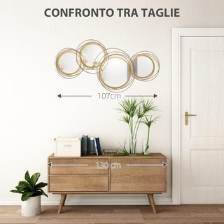 Decoración Murales 3D en Metal, Wall Art de Círculos con Espejos 107X56Cm, Oro