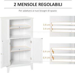 Mueble de Baño con Estantes Ajustables y Armario de 2 Puertas, Mueble de Baño Multiusos de Madera, Blanco, 50X30X93Cm