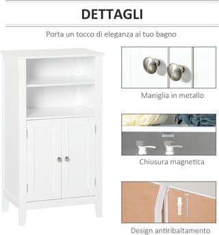 Mueble de Baño con Estantes Ajustables y Armario de 2 Puertas, Mueble de Baño Multiusos de Madera, Blanco, 50X30X93Cm