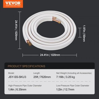 Set di tubi Mini Split da 7620 mm, tubi in rame da 6,4 e 12,7 mm di diametro esterno e isolamento a triplo strato, per refrigerante di climatizzatore Mini Split o pompe di calore...
