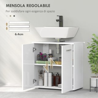 Mueble Bajo Lavabo de 2 Puertas, Armario Ahorrador de Espacio para Lavabo en Madera con Estante Regulable, Blanco Brillante