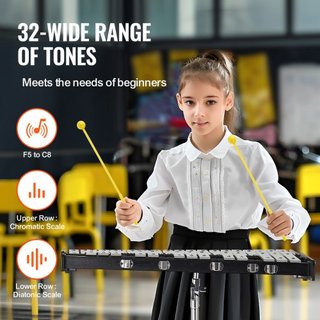Kit di campane glockenspiel a 32 note, set di strumenti a percussione professionale con bacchette, bacchette, supporto musicale, cuscinetto per la pratica da 203 mm/8", supporto regolabile...