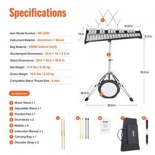 Kit di campane glockenspiel a 32 note, set di strumenti a percussione professionale con bacchette, bacchette, supporto musicale, cuscinetto per la pratica da 203 mm/8", supporto regolabile...