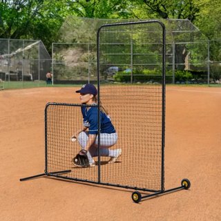Pantalla de Béisbol L para Jaula de Bateo, Pantalla de Seguridad de Softbol de 7x7 pies, Pantalla de Bateo Portátil con Bolsa de Transporte, Ruedas, Estacas de Tierra, Red de Lanzamiento de Alta R...