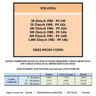 POLONIA - 6 billetes 20, 50, 100 (x2), 500 y 1.000