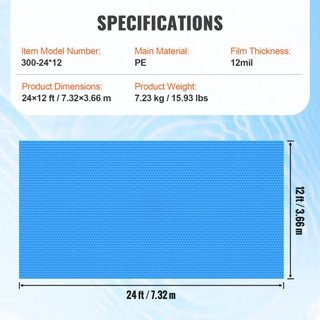 Copertura Solare per Piscina, Telo Solare Rettangolare 24 x 12 piedi per Piscine, Copertura Solare per Piscina Interrata e Fuori Terra, Coperture Solari 12 mil Blu