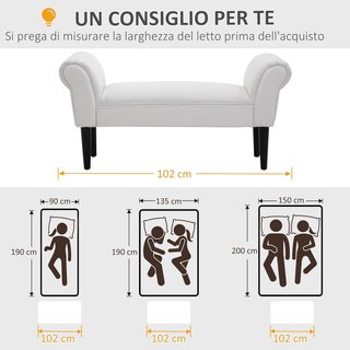 Banco Zapatero Con Brazos Enrollados, Banco Tapizado para Entrada, Blanco, 102X36X51Cm