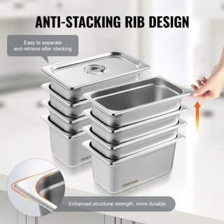 8 Paquete de Sartenes de Hotel, Sartén de Vapor Anti-Jam de Tamaño 1/3 con Tapa, Sartén de Mesa de Acero Inoxidable de 0.8 mm de Grosor, Sartén de Mesa Comercial de 6 Pulgadas de Profundidad, Sart...