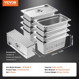 8 Paquete de Sartenes de Hotel, Sartén de Vapor Anti-Jam de Tamaño 1/3 con Tapa, Sartén de Mesa de Acero Inoxidable de 0.8 mm de Grosor, Sartén de Mesa Comercial de 6 Pulgadas de Profundidad, Sart...