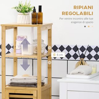 Armario de Baño de Bambú, Mueble de Baño Con 2 Estantes Abiertos, Armario de 2 Niveles y Puerta de Ranura, 32.9X29.9X120 Cm