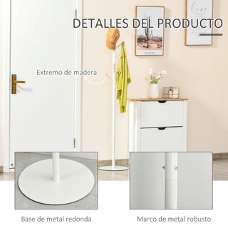 Perchero Pie Madera 6 Ganchos Blanco 174cm