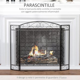 Parascintille Caminetto Con 3 Pannelli Pieghevoli in Metallo E Acciaio Negro 105X1.6X80.5Cm