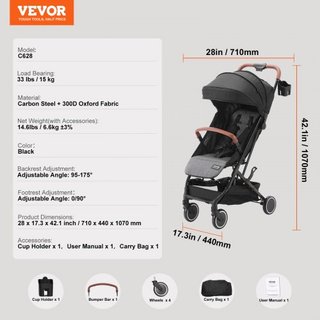 Cochecito de Bebé Estándar, Cochecito para Niños con Respaldo Ajustable de 95°-175° y Reposapiés Ajustable de 0/90° y Plegado con Un Solo Clic, Cochecito para Recién Nacidos con Portavasos y Bolsa...