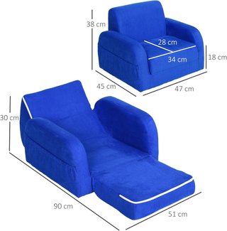 Poltrona Letto 2 in 1 per Camera Infantile con Imbottitura e Rivestimento in Flanella Blu, Max. 65 Kg, 47X45X38Cm