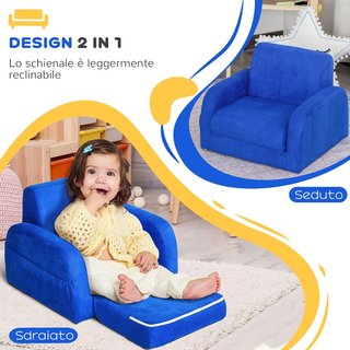 Poltrona Letto 2 in 1 per Camera Infantile con Imbottitura e Rivestimento in Flanella Blu, Max. 65 Kg, 47X45X38Cm