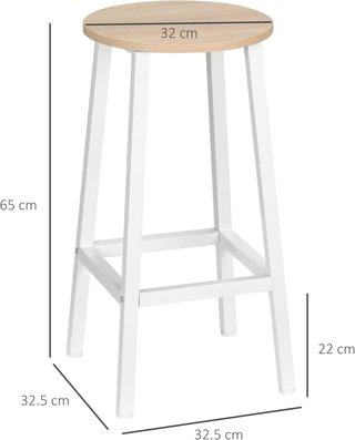 Conjunto de 2 Taburetes de Madera y Acero, Taburetes de Cocina con Reposapiés para Sala de Estar, Comedor, Cocina y Bar, Estilo Industrial, 32.5X32.5X65 Cm, Blanco y Color Madera