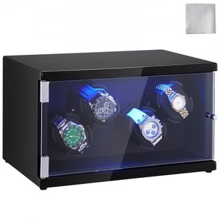 Reloj Winder, Reloj Winder para 4 Relojes Automáticos de Hombre y Mujer, con 2 Motores Japoneses Mabuchi Súper Silenciosos, Luz LED Azul y Adaptador, Carcasa de Tablero de Alta Densidad y PU Negro