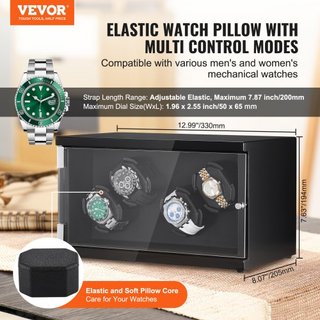 Reloj Winder, Reloj Winder para 4 Relojes Automáticos de Hombre y Mujer, con 2 Motores Japoneses Mabuchi Súper Silenciosos, Luz LED Azul y Adaptador, Carcasa de Tablero de Alta Densidad y PU Negro