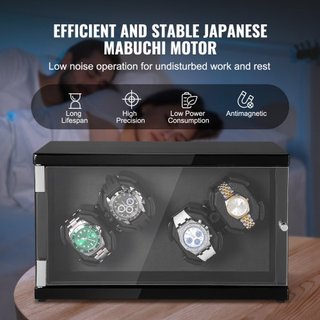 Reloj Winder, Reloj Winder para 4 Relojes Automáticos de Hombre y Mujer, con 2 Motores Japoneses Mabuchi Súper Silenciosos, Luz LED Azul y Adaptador, Carcasa de Tablero de Alta Densidad y PU Negro