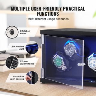 Reloj Winder, Reloj Winder para 4 Relojes Automáticos de Hombre y Mujer, con 2 Motores Japoneses Mabuchi Súper Silenciosos, Luz LED Azul y Adaptador, Carcasa de Tablero de Alta Densidad y PU Negro