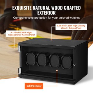 Reloj Winder, Reloj Winder para 4 Relojes Automáticos de Hombre y Mujer, con 2 Motores Japoneses Mabuchi Súper Silenciosos, Luz LED Azul y Adaptador, Carcasa de Tablero de Alta Densidad y PU Negro
