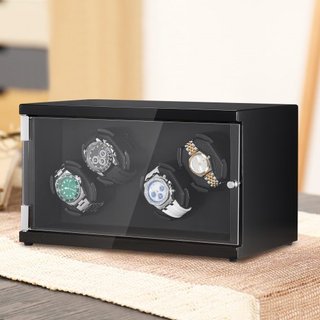 Reloj Winder, Reloj Winder para 4 Relojes Automáticos de Hombre y Mujer, con 2 Motores Japoneses Mabuchi Súper Silenciosos, Luz LED Azul y Adaptador, Carcasa de Tablero de Alta Densidad y PU Negro