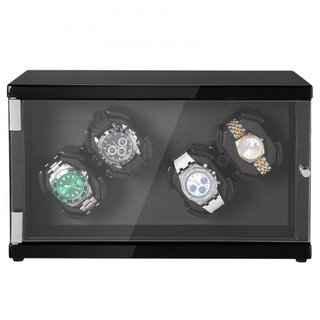 Reloj Winder, Reloj Winder para 4 Relojes Automáticos de Hombre y Mujer, con 2 Motores Japoneses Mabuchi Súper Silenciosos, Luz LED Azul y Adaptador, Carcasa de Tablero de Alta Densidad y PU Negro