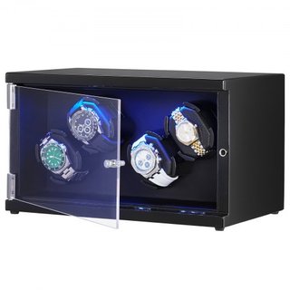 Reloj Winder, Reloj Winder para 4 Relojes Automáticos de Hombre y Mujer, con 2 Motores Japoneses Mabuchi Súper Silenciosos, Luz LED Azul y Adaptador, Carcasa de Tablero de Alta Densidad y PU Negro