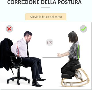 Silla Ergonómica Con Inclinación en Madera de Abeto, Silla Postural Con Cojín de Espuma y Poliéster para Casa y Oficina, Negro