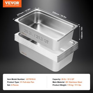6 Paquete de Sartenes de Hotel, Sartén de Vapor de Tamaño Completo Anti-Jam, Sartén de Mesa de Restaurante de Acero Inoxidable de 0.8 mm de Grosor, Sartén de Mesa Comercial de 6 Pulgadas de Profun...