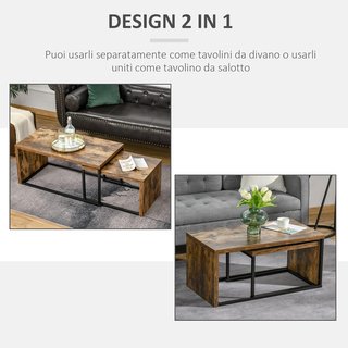 Conjunto de 2 Mesas de Café Apilables y Ahorra Espacio en Estilo Industrial, Madera MDF y Metal, Marrón y Negro