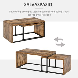 Conjunto de 2 Mesas de Café Apilables y Ahorra Espacio en Estilo Industrial, Madera MDF y Metal, Marrón y Negro