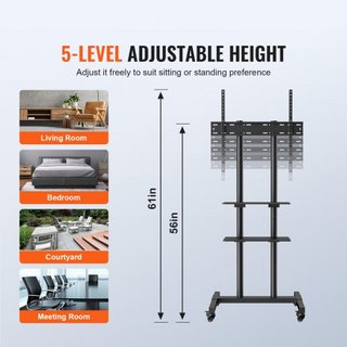 Soporte de TV Móvil, Carro de TV Móvil para TVs de 32 a 70 pulgadas, Soporte de TV Portátil Ajustable en Altura con Ruedas, Doble Bandeja para Dispositivos Audiovisuales, Soporte de TV Rodante con...