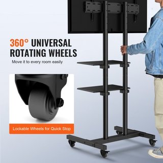 Soporte de TV Móvil, Carro de TV Móvil para TVs de 32 a 70 pulgadas, Soporte de TV Portátil Ajustable en Altura con Ruedas, Doble Bandeja para Dispositivos Audiovisuales, Soporte de TV Rodante con...