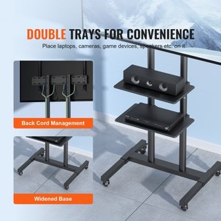 Soporte de TV Móvil, Carro de TV Móvil para TVs de 32 a 70 pulgadas, Soporte de TV Portátil Ajustable en Altura con Ruedas, Doble Bandeja para Dispositivos Audiovisuales, Soporte de TV Rodante con...