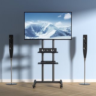 Soporte de TV Móvil, Carro de TV Móvil para TVs de 32 a 70 pulgadas, Soporte de TV Portátil Ajustable en Altura con Ruedas, Doble Bandeja para Dispositivos Audiovisuales, Soporte de TV Rodante con...