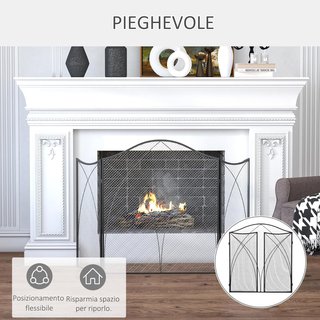 Pantalla de Chimenea de 3 Piezas Plegable con Decoraciones, Pantalla de Fuego de Metal, 108X24X76 Cm, Negro