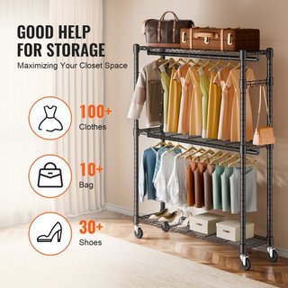 Perchero de Ropa de Alta Resistencia, Perchero de Ropa Rodante con 3 Niveles de Almacenamiento, 2 Varillas y 2 Pares de Ganchos Laterales, Perchero de Ropa de Altura Ajustable para Colgar Ropa, Ca...