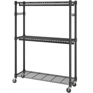 Perchero de Ropa de Alta Resistencia, Perchero de Ropa Rodante con 3 Niveles de Almacenamiento, 2 Varillas y 2 Pares de Ganchos Laterales, Perchero de Ropa de Altura Ajustable para Colgar Ropa, Ca...