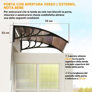 Toldo Exterior Impermeable y Anti-UV con Panel Curvado, Techo de Policarbonato, Aluminio y Polipropileno, 75X120X23 Cm, Marrón y Negro