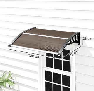 Toldo Exterior Impermeable y Anti-UV con Panel Curvado, Techo de Policarbonato, Aluminio y Polipropileno, 75X120X23 Cm, Marrón y Negro