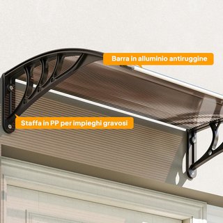 Toldo Exterior Impermeable y Anti-UV con Panel Curvado, Techo de Policarbonato, Aluminio y Polipropileno, 75X120X23 Cm, Marrón y Negro