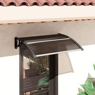 Toldo Exterior Impermeable y Anti-UV con Panel Curvado, Techo de Policarbonato, Aluminio y Polipropileno, 75X120X23 Cm, Marrón y Negro
