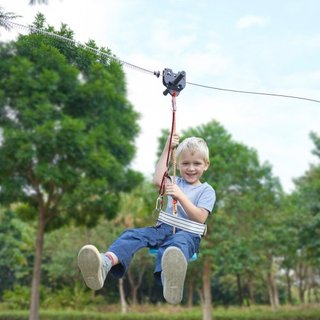 Kit de tirolesa para niños y adultos, kits de tirolesa de 48.77 m hasta 226.8 kg, tirolesa de instalación rápida para exteriores en el patio trasero, entretenimiento en el parque infantil con tiro...