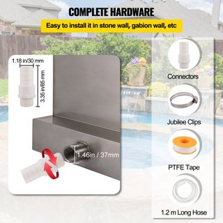 Cuchilla de Cascada, Desagüe de Cascada de Acero Inoxidable de 60 cm, Fuente de Piscina de Cascada Rectangular, Cuchilla de Cascada con Conector, Manguera, Abrazadera y Cinta PTFE, Cuchilla de Agu...