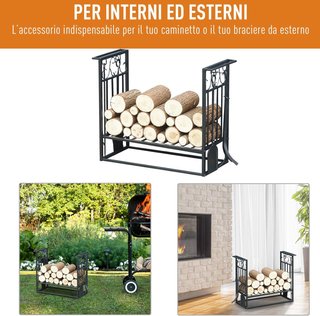 Soporte Elevado para Leña de Acero Antioxidante, Porta Leña para Interiores y Exteriores, 4 Herramientas Incluidas, 75X30X60Cm