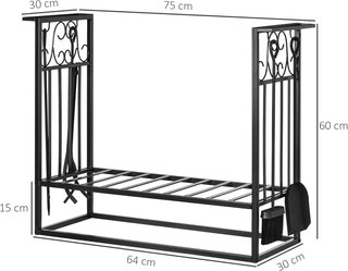 Soporte Elevado para Leña de Acero Antioxidante, Porta Leña para Interiores y Exteriores, 4 Herramientas Incluidas, 75X30X60Cm