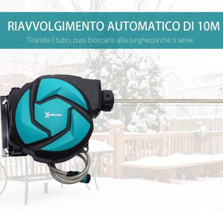 Carrete de Manguera Automático Orientable de Pared con Manguera de 10 m y 7 Boquillas, Carrete de Plástico y PP, 28X14X34 cm, Negro y Azul