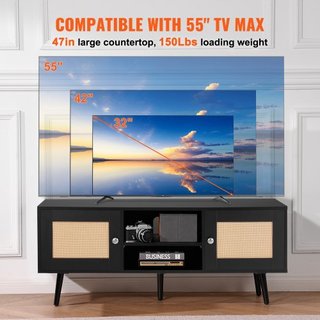 Soporte de TV de Rattan, Gabinete Boho para TV de 55 pulgadas, Soporte de TV de estilo moderno de mediados de siglo, Consola de TV de Rattan con estantes ajustables para sala de estar, sala de med...